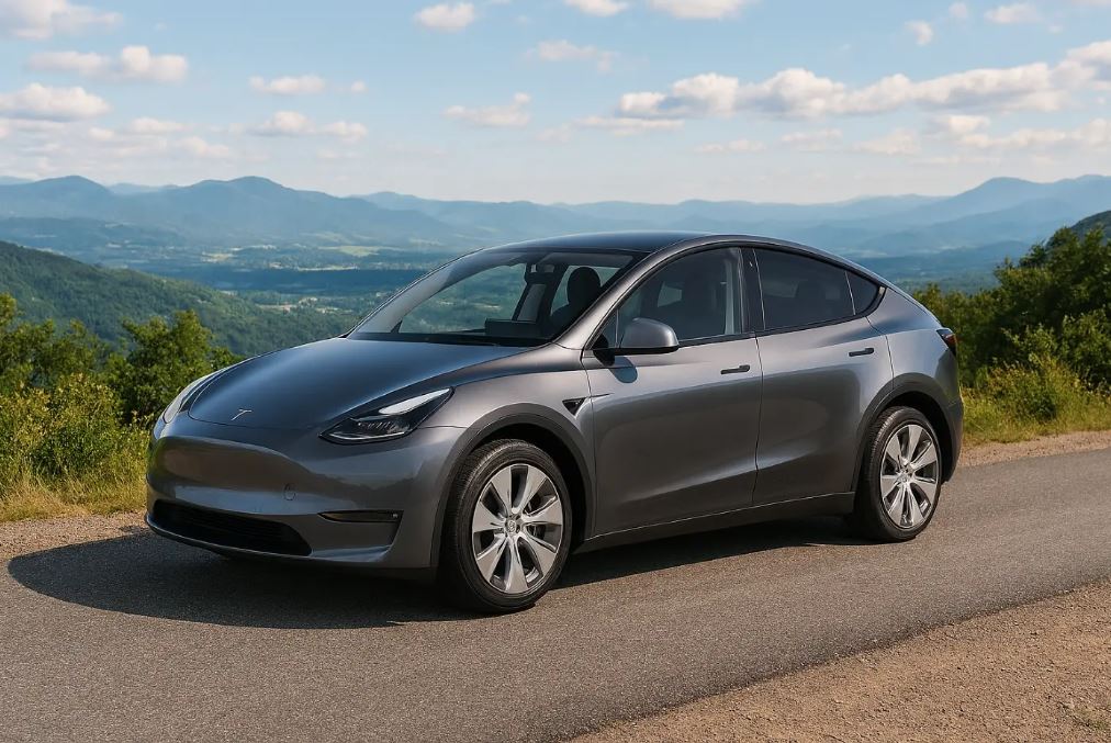 Tesla Model Y elektrisk SUV på naturskjønn vei i Norge