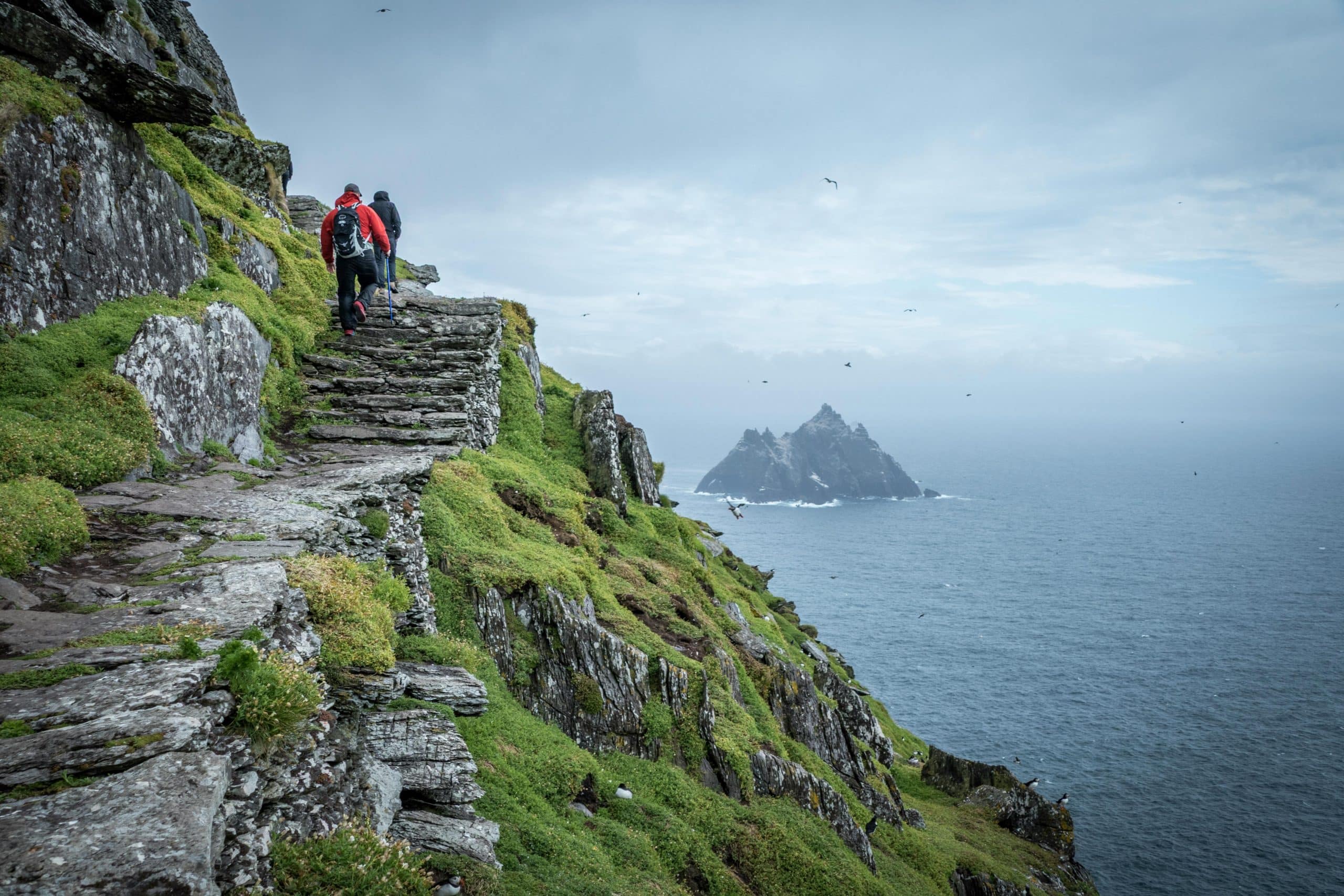 Vandrere på steintrappene på Skellig Michael med utsikt mot Atlanterhavet i Irland